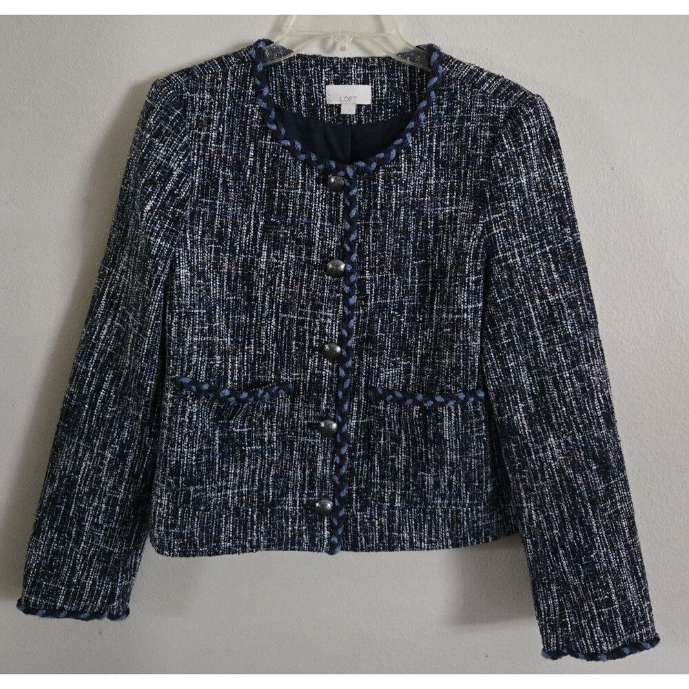 LOFT Womens Jacket Medium Navy White Tweed Weave Braided Trim Round Neckline
